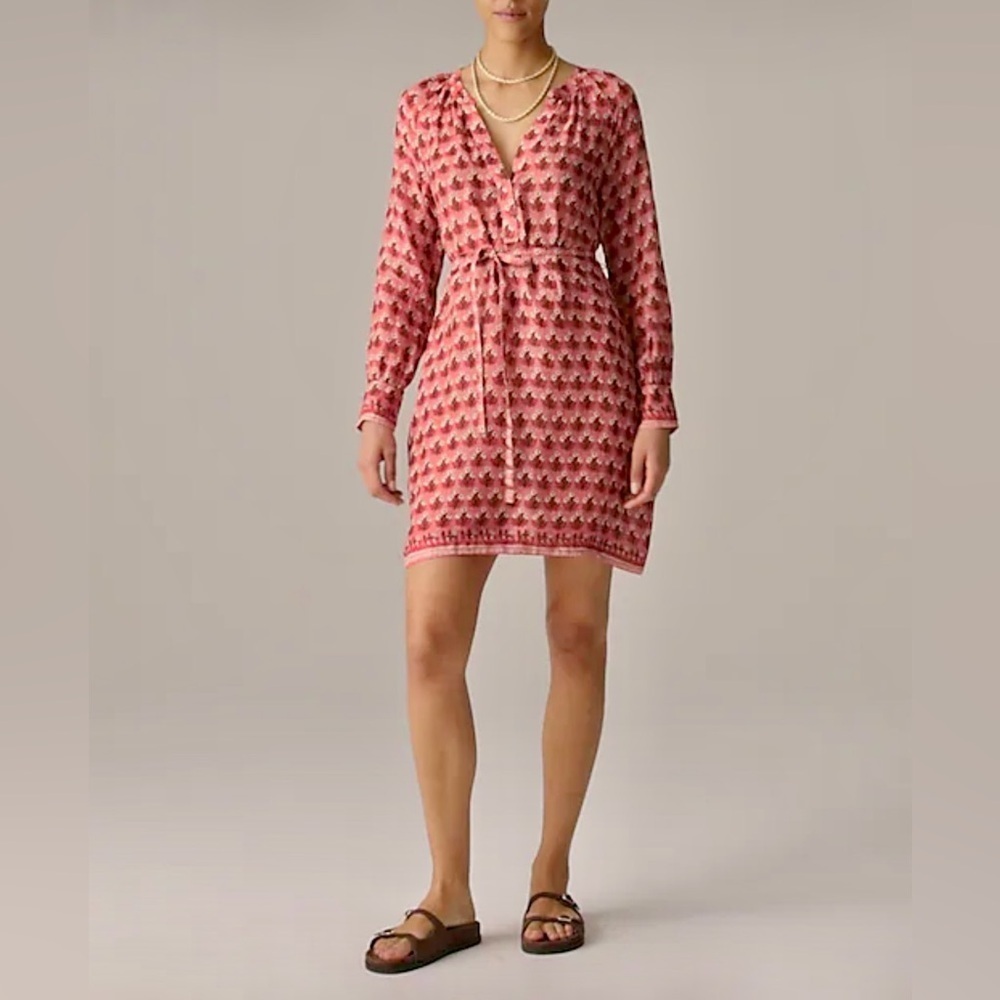 NWT J. Crew Red/Pink Floral Cabana Mini Dress, Long Sleeve, 100% Ramie, XS